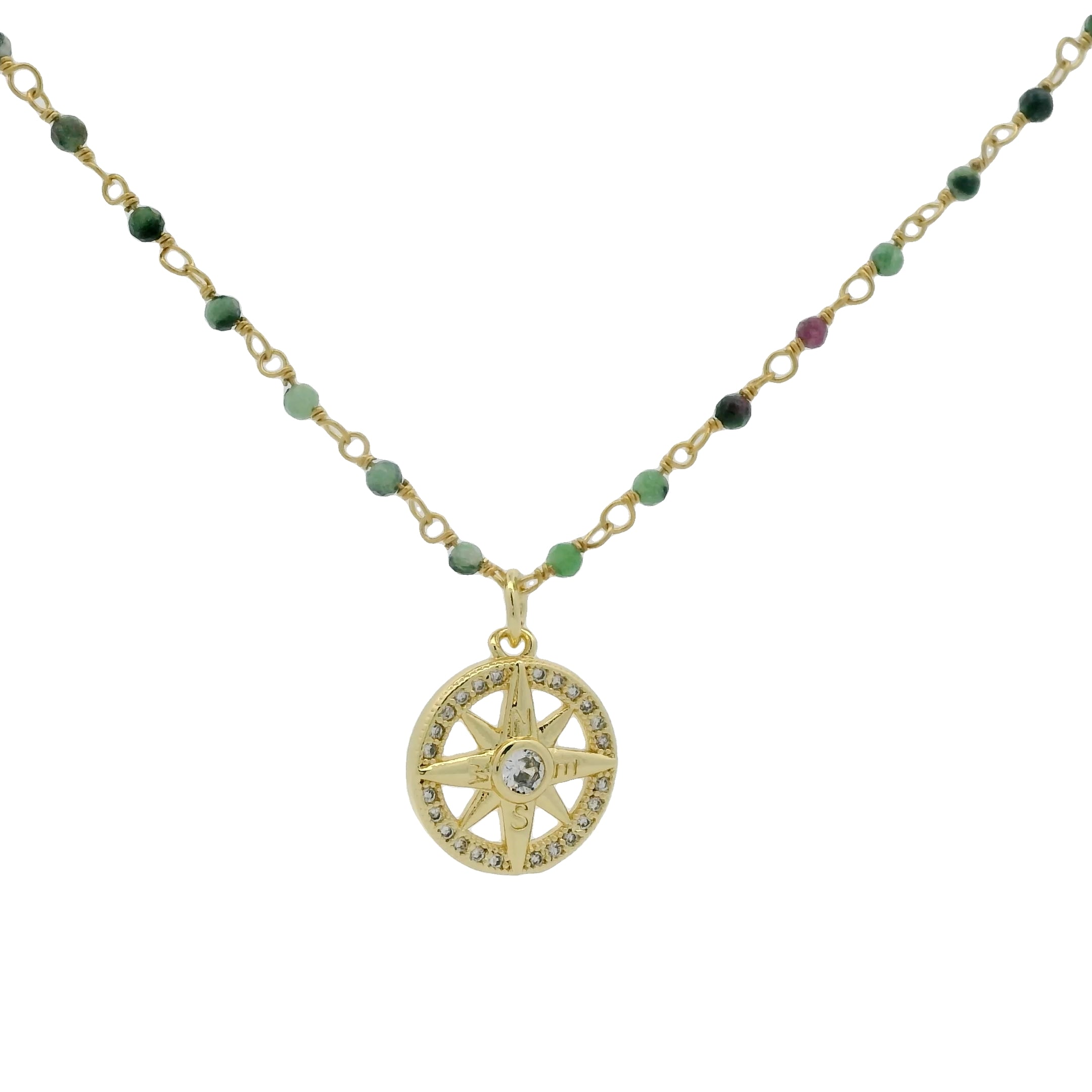 Collier rosary doré rubis zoisite et rose des vents 46cm