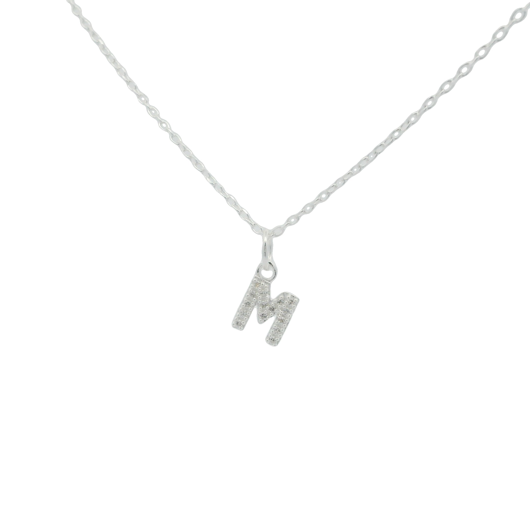 Collier argent petite lettre M zircons blancs 42 cm