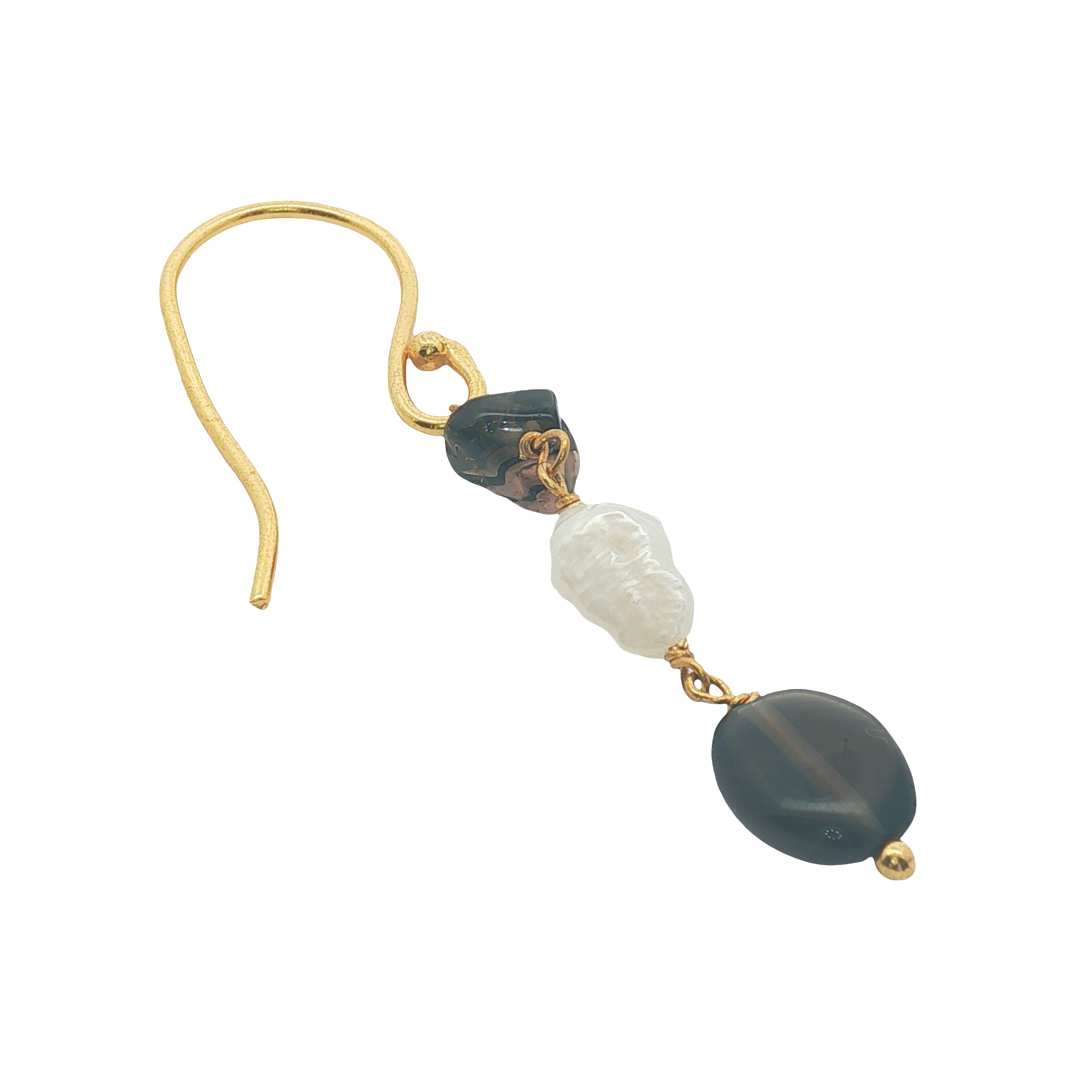 Boucles d'oreilles pendantes dorées quartz fumé et perle de culture