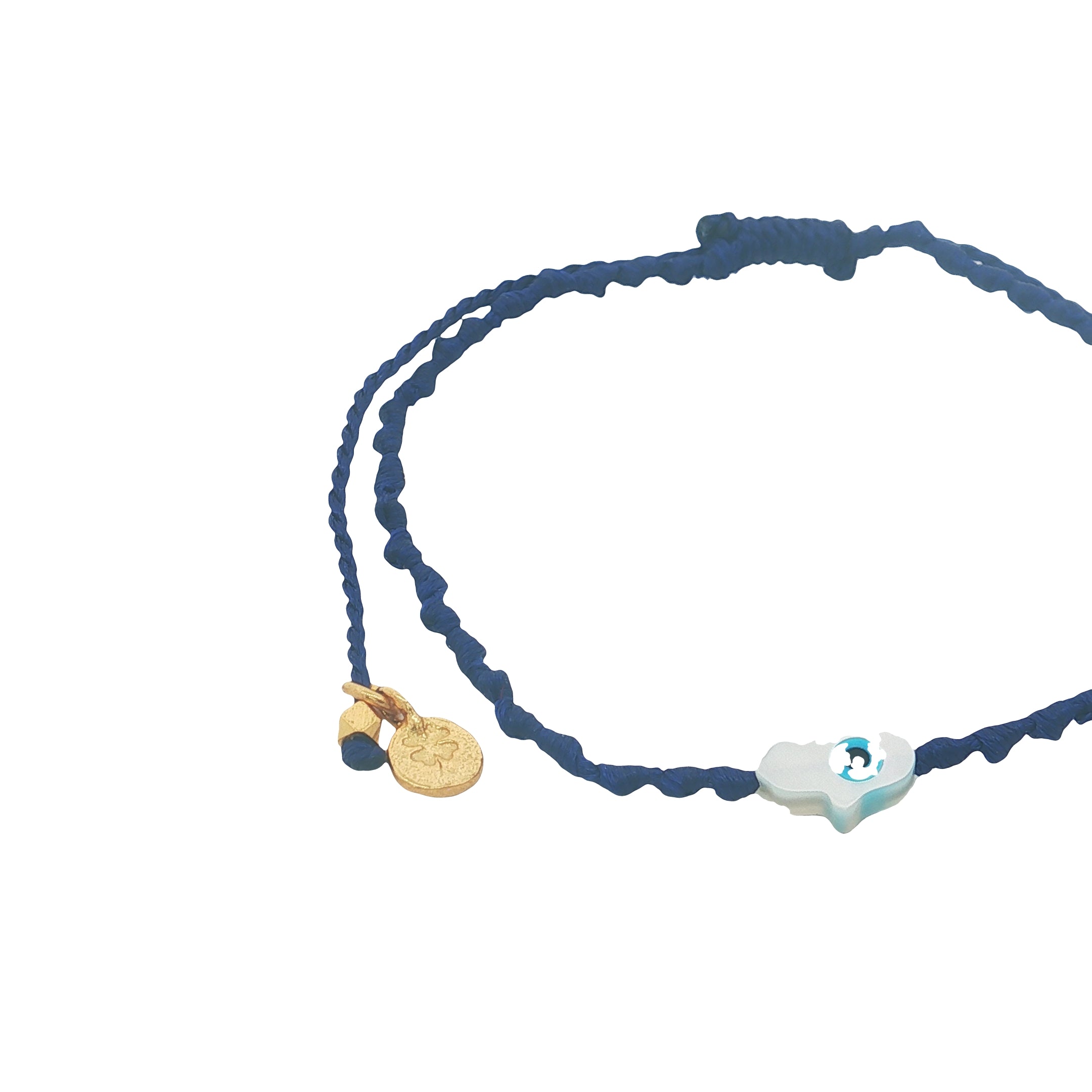 Bracelet doré cordon tressé bleu marine main de Fatma avec oeil nacre
