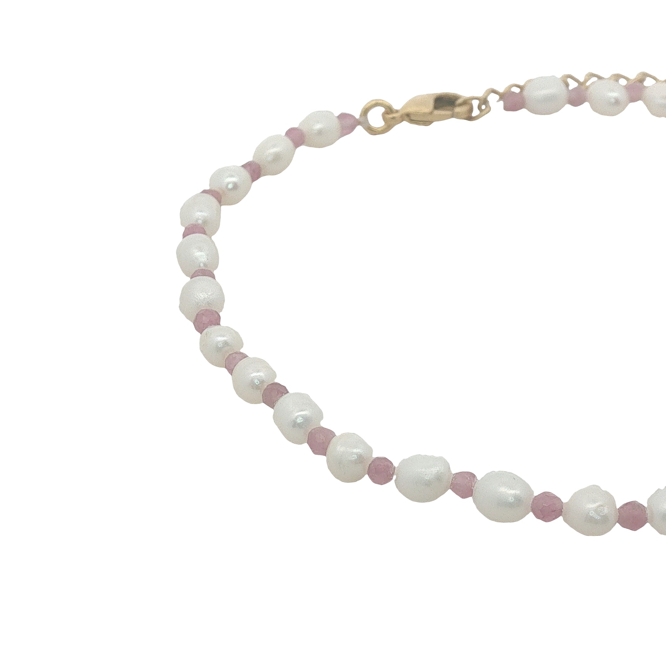 Chaine de cheville dorée en perles de culture et tourmaline rose