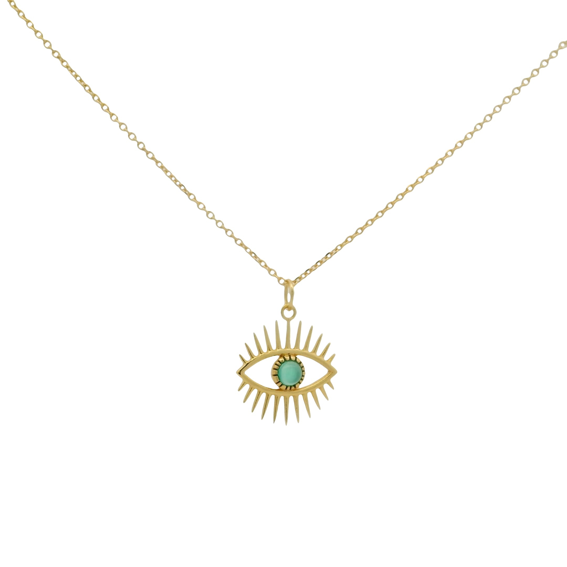 Collier doré oeil cils et onyx verte
