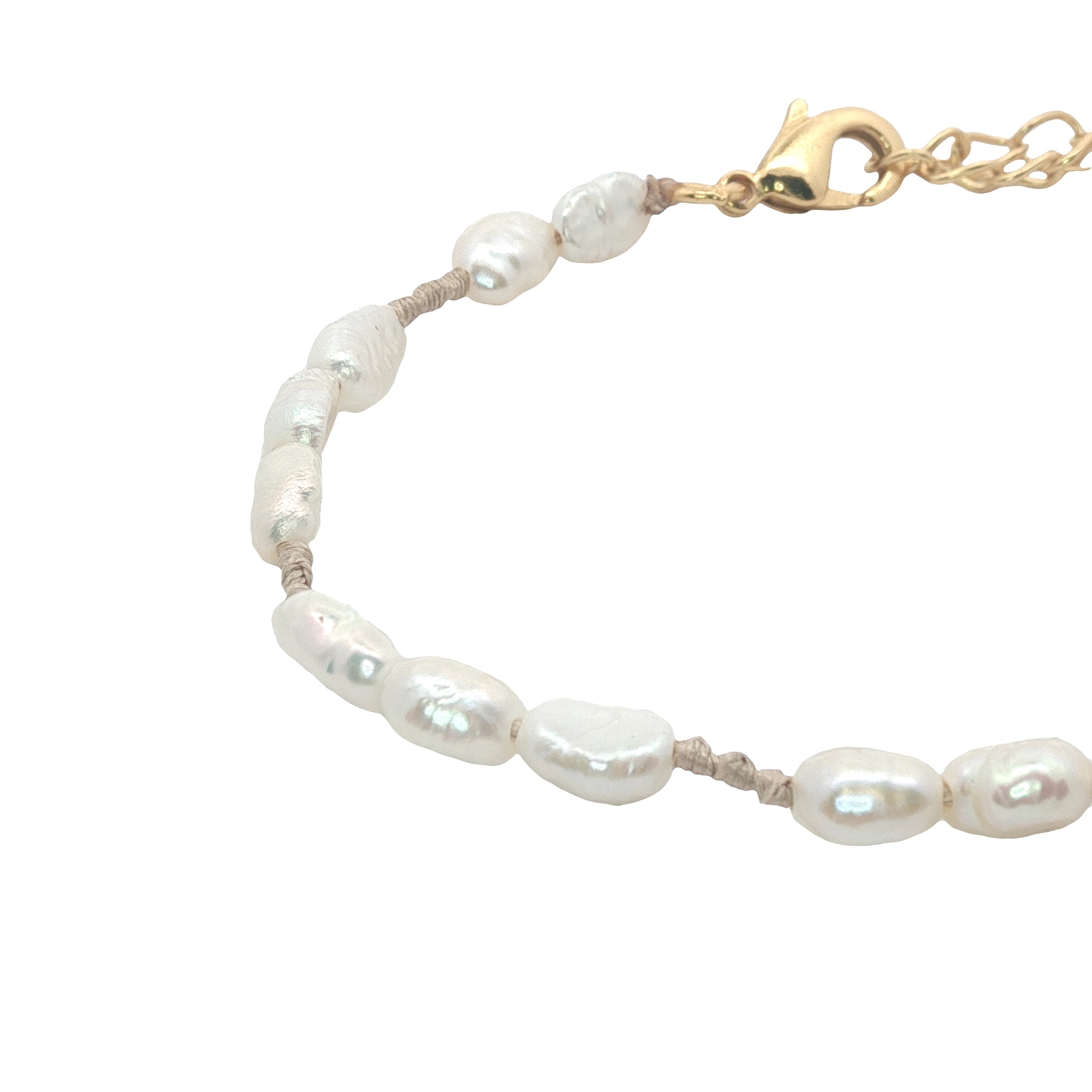 Bracelet doré alternance perles de culture et noeuds beige