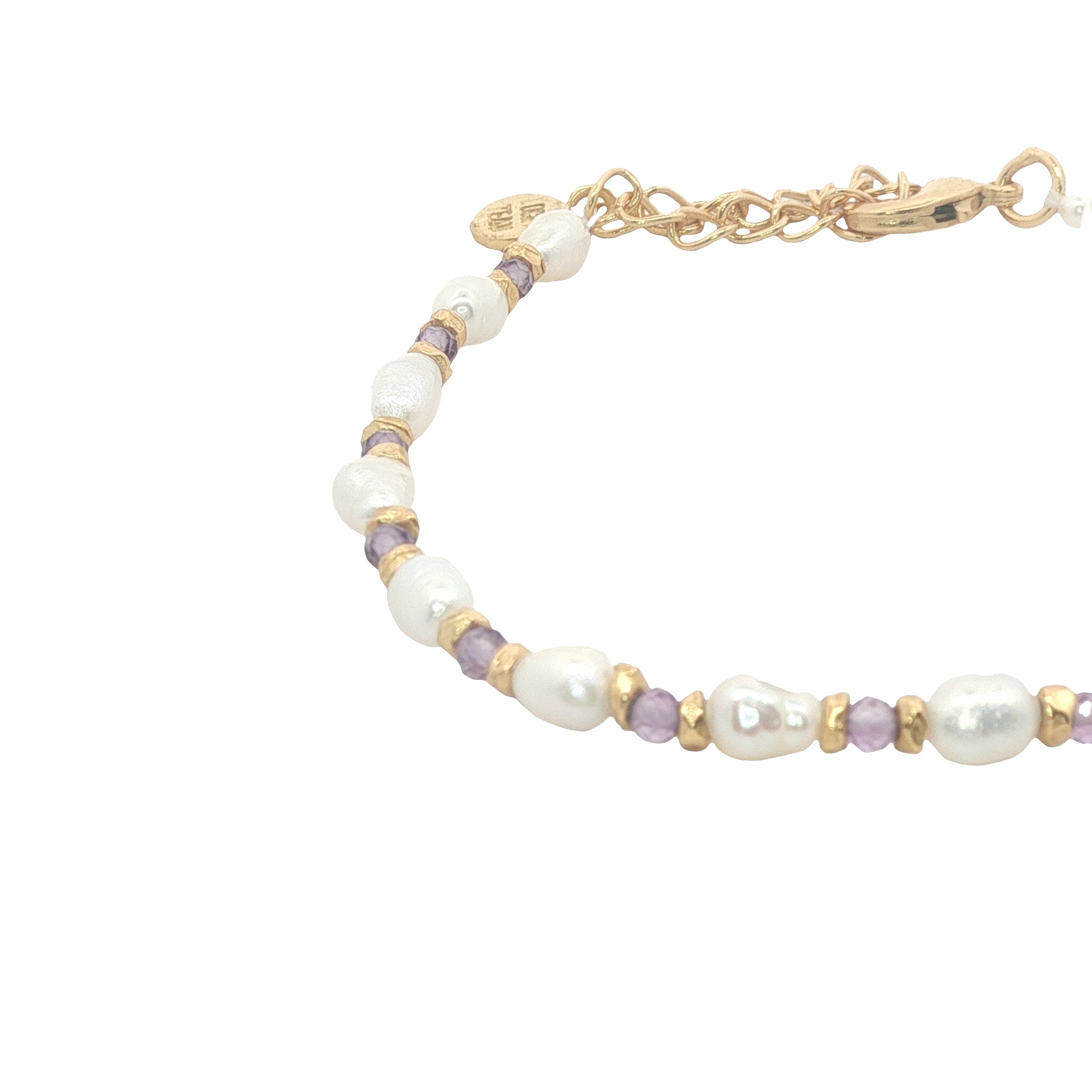 Bracelet doré perles de culture, perles dorées et améthsyte