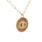 Collier doré médaille striée avec oeil en prehnite  42 cm