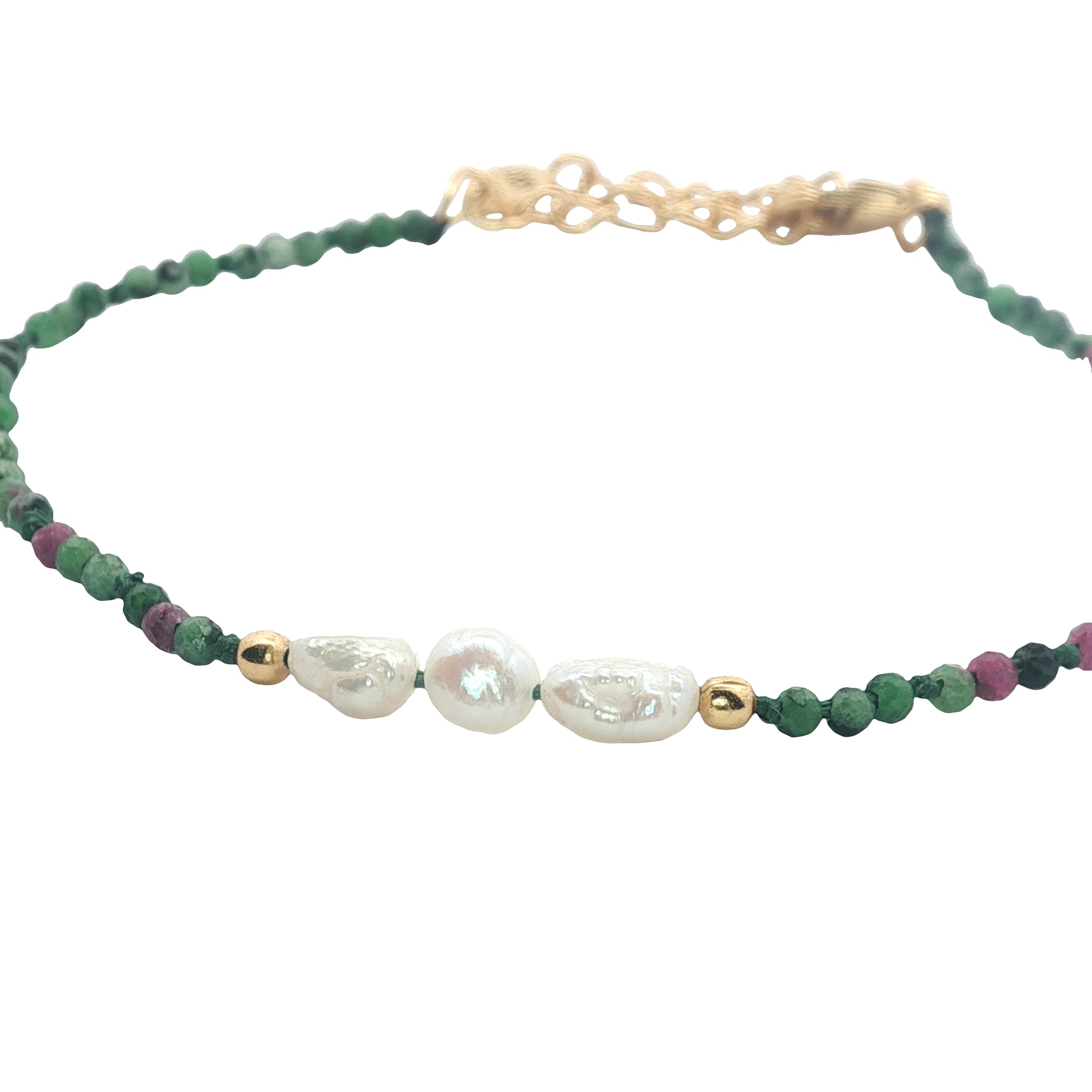 Bracelet doré en rubis zoisite, perles de culture et perles dorées