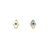 Boucles d'oreilles puces dorées main de Fatma nacre et oeil