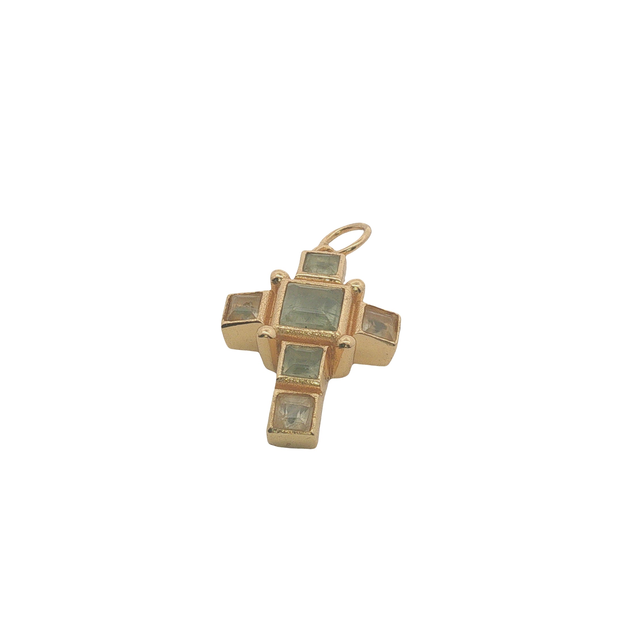 Charms doré croix avec prehnite taillée en carrés