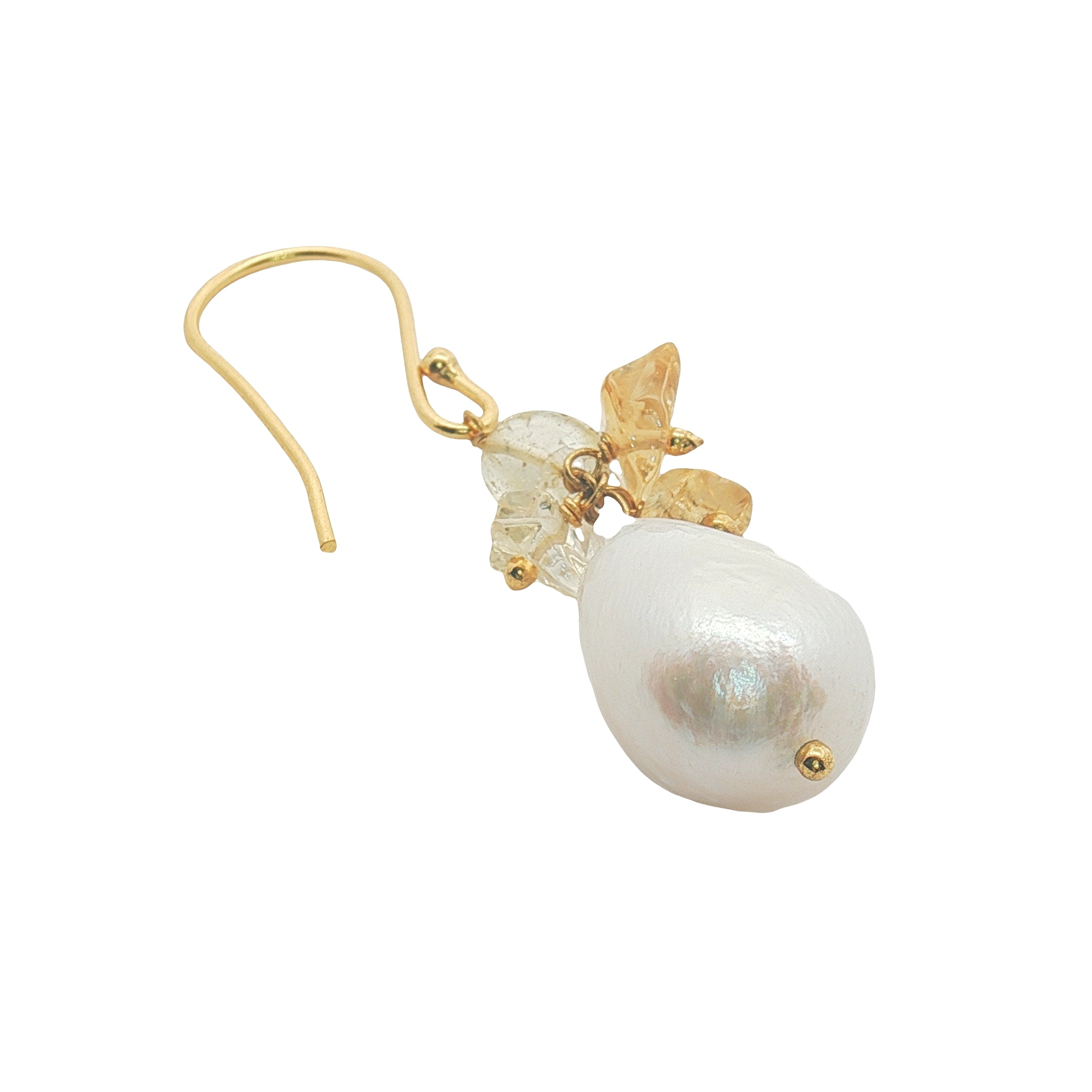 Boucles d'oreilles pendantes dorées perle et quartz citron
