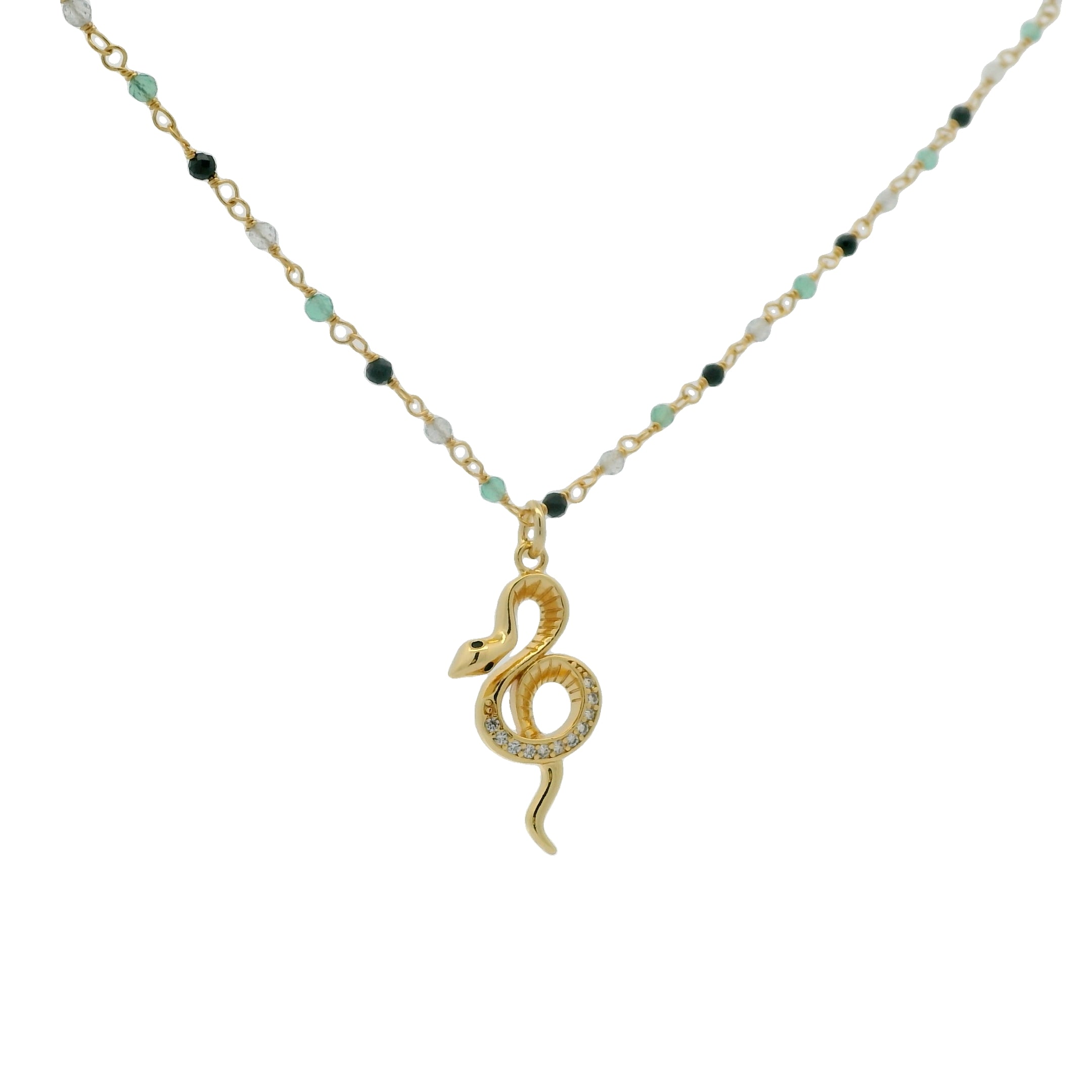 Sautoir rosary onyx verte onyx noire labradorite et serpent 75cm