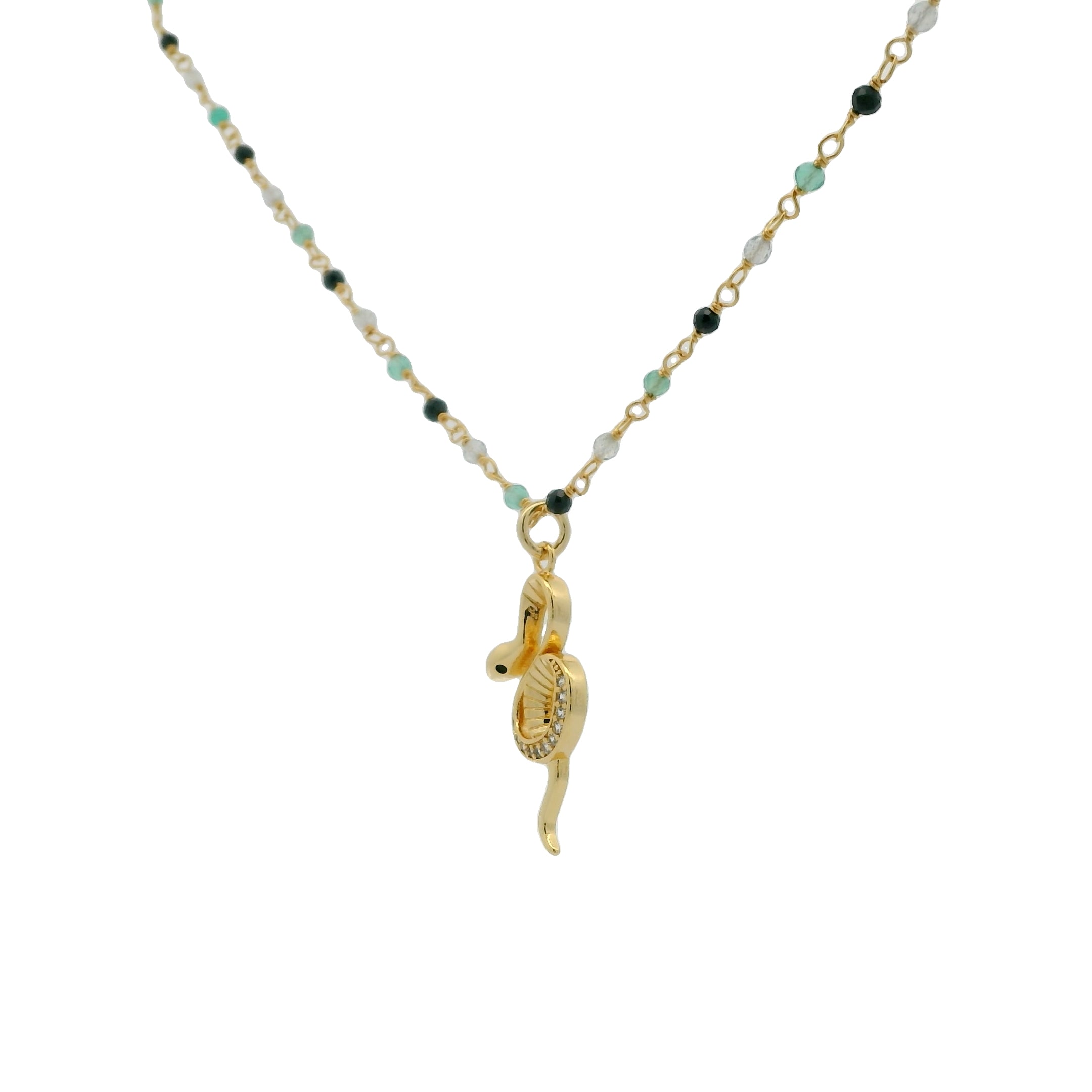 Sautoir rosary onyx verte onyx noire labradorite et serpent 75cm