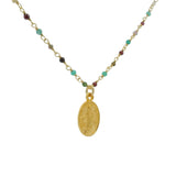 Sautoir chaine rosary onyx verte tourmaline grenat médaille madone dorée 84 cm