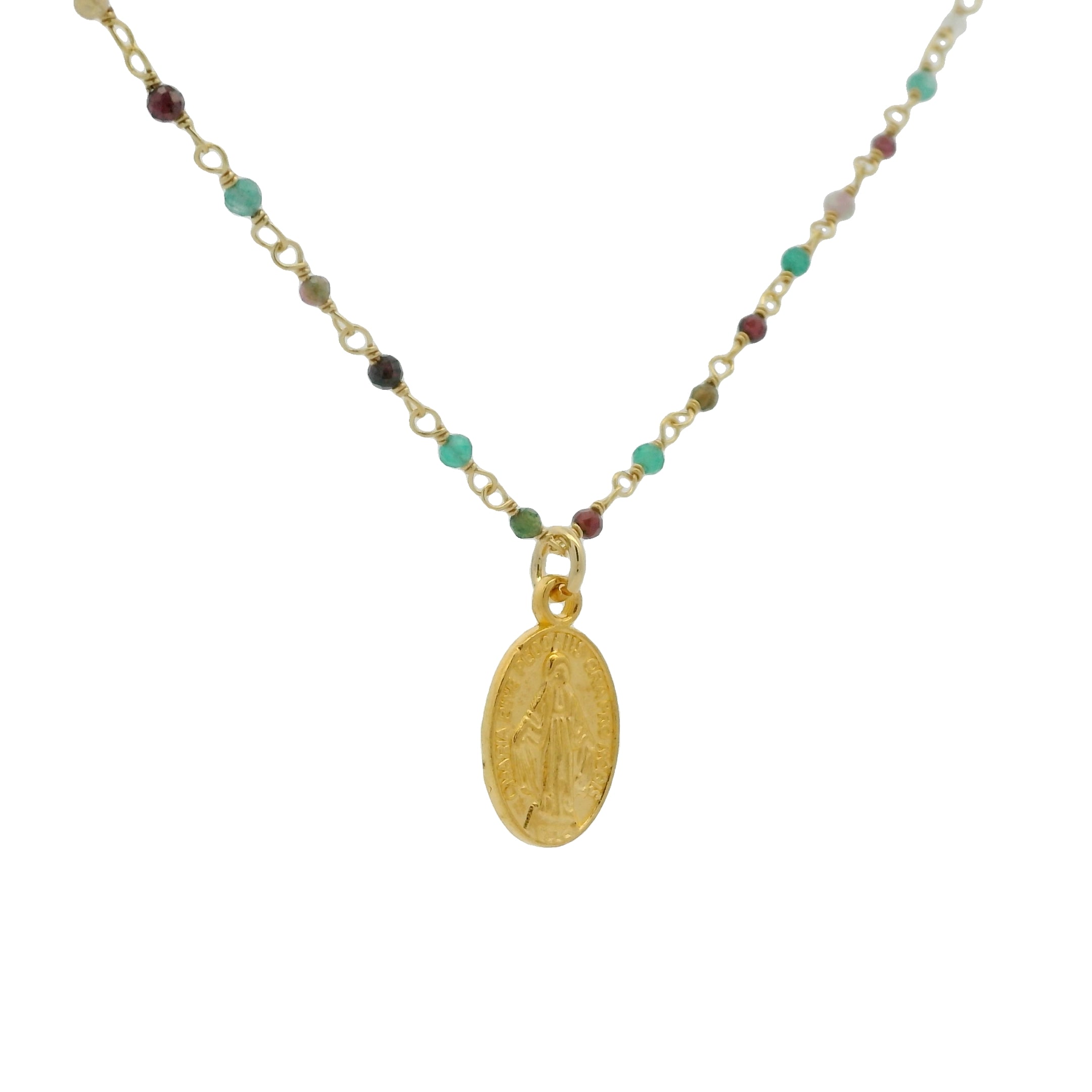 Sautoir chaine rosary onyx verte tourmaline grenat médaille madone dorée 84 cm