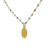 Sautoir chaine rosary onyx verte tourmaline grenat médaille madone dorée 84 cm