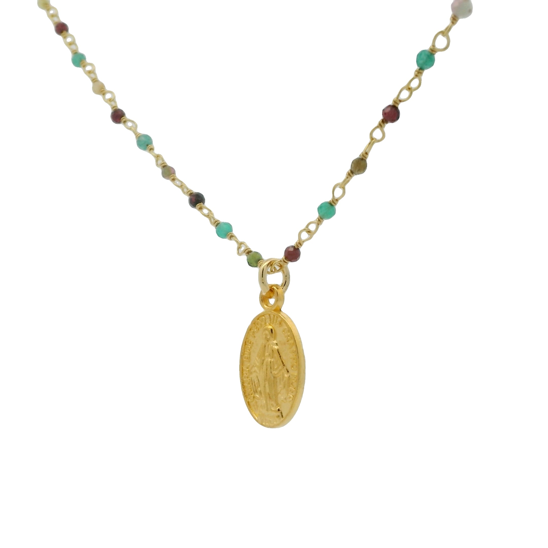 Sautoir chaine rosary onyx verte tourmaline grenat médaille madone dorée 84 cm