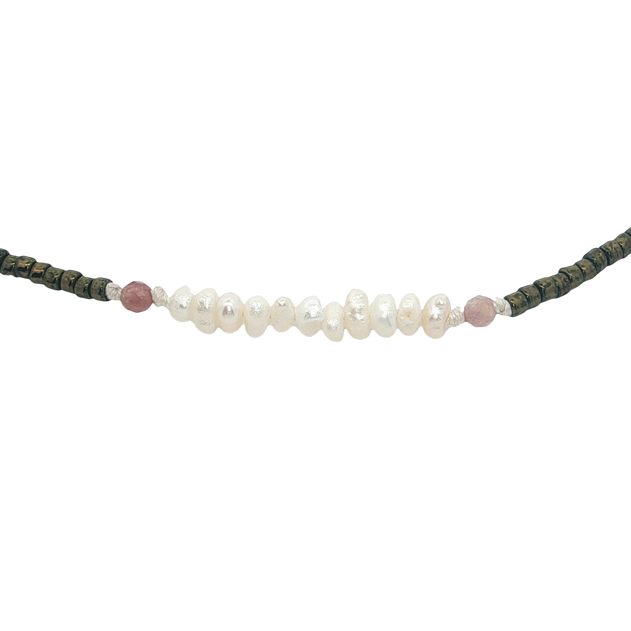 Chaine de cheville dorée perles de culture, tourmaline et perles métallisées vertes
