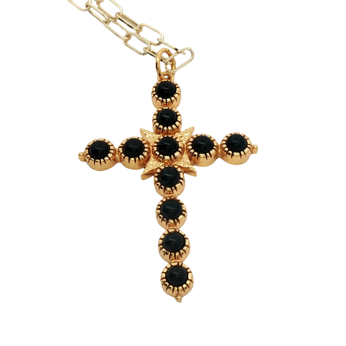 Collier doré croix onyx noire 60 cm