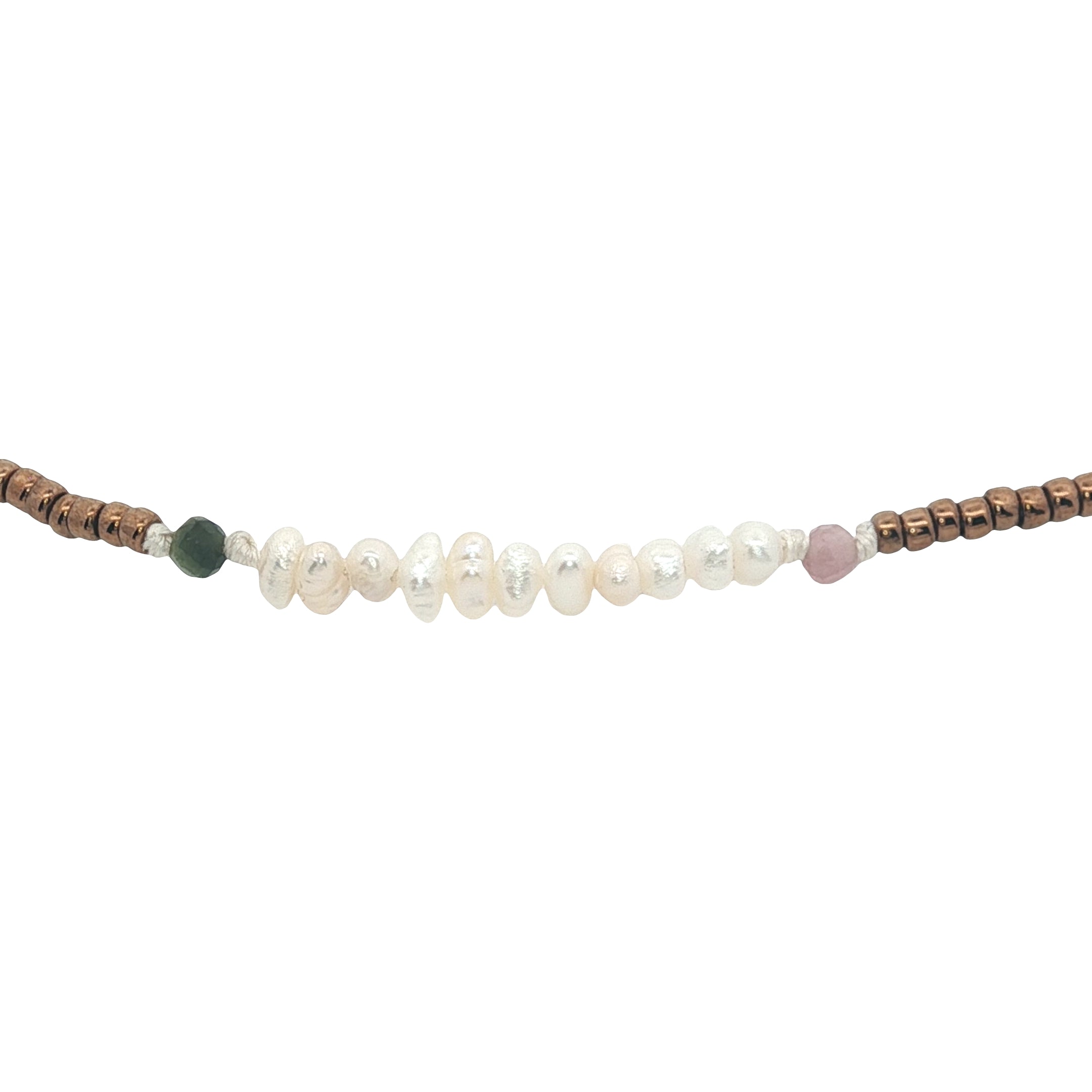 Chaine de cheville dorée perles de culture, tourmaline et perles métallisées marron