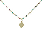 Collier doré rosary onyx verte grenat et trèfle 50 cm