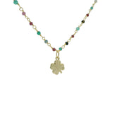 Collier doré rosary onyx verte grenat et trèfle 50 cm