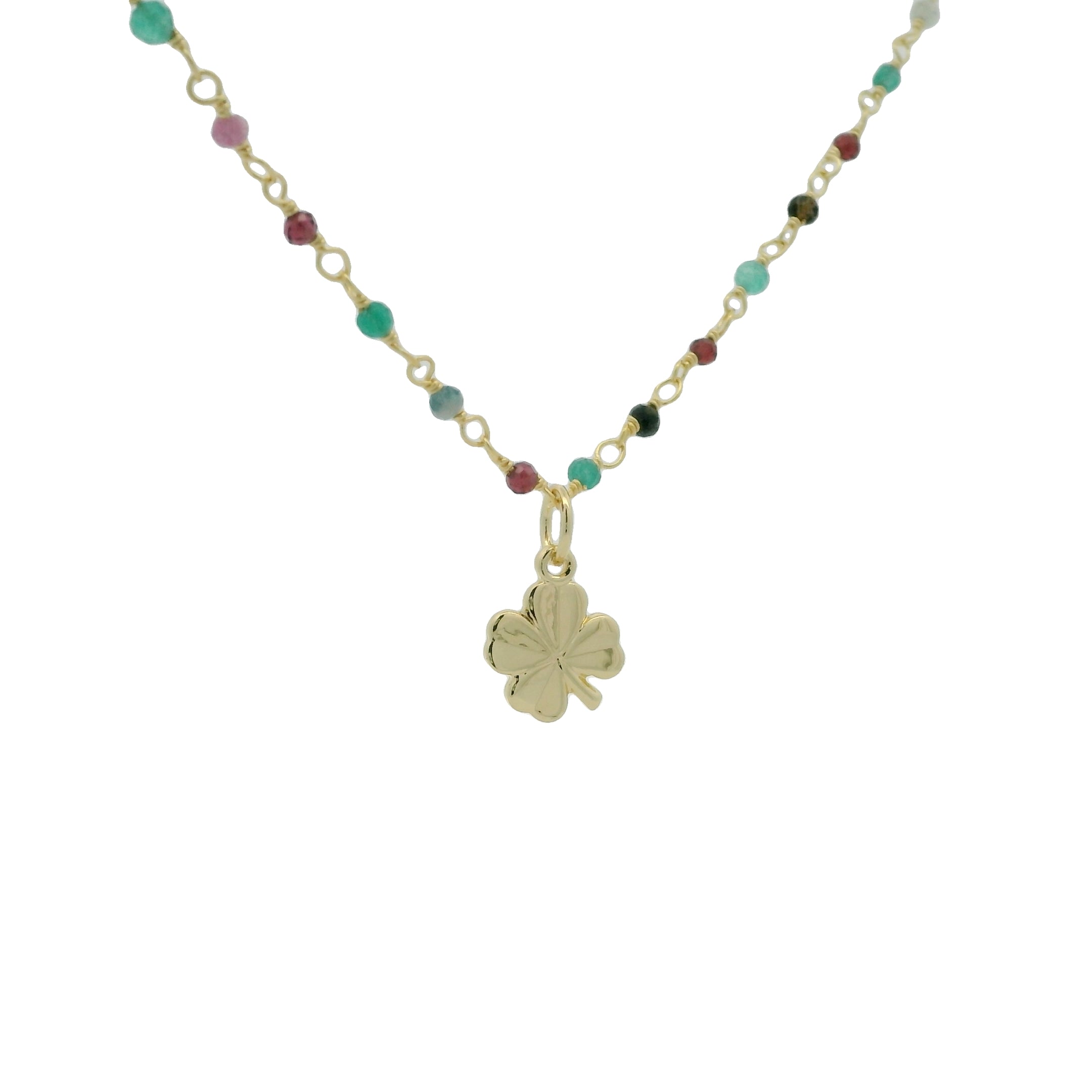 Collier doré rosary onyx verte grenat et trèfle 50 cm
