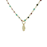 Collier doré rosary onyx verte grenat et trèfle 50 cm