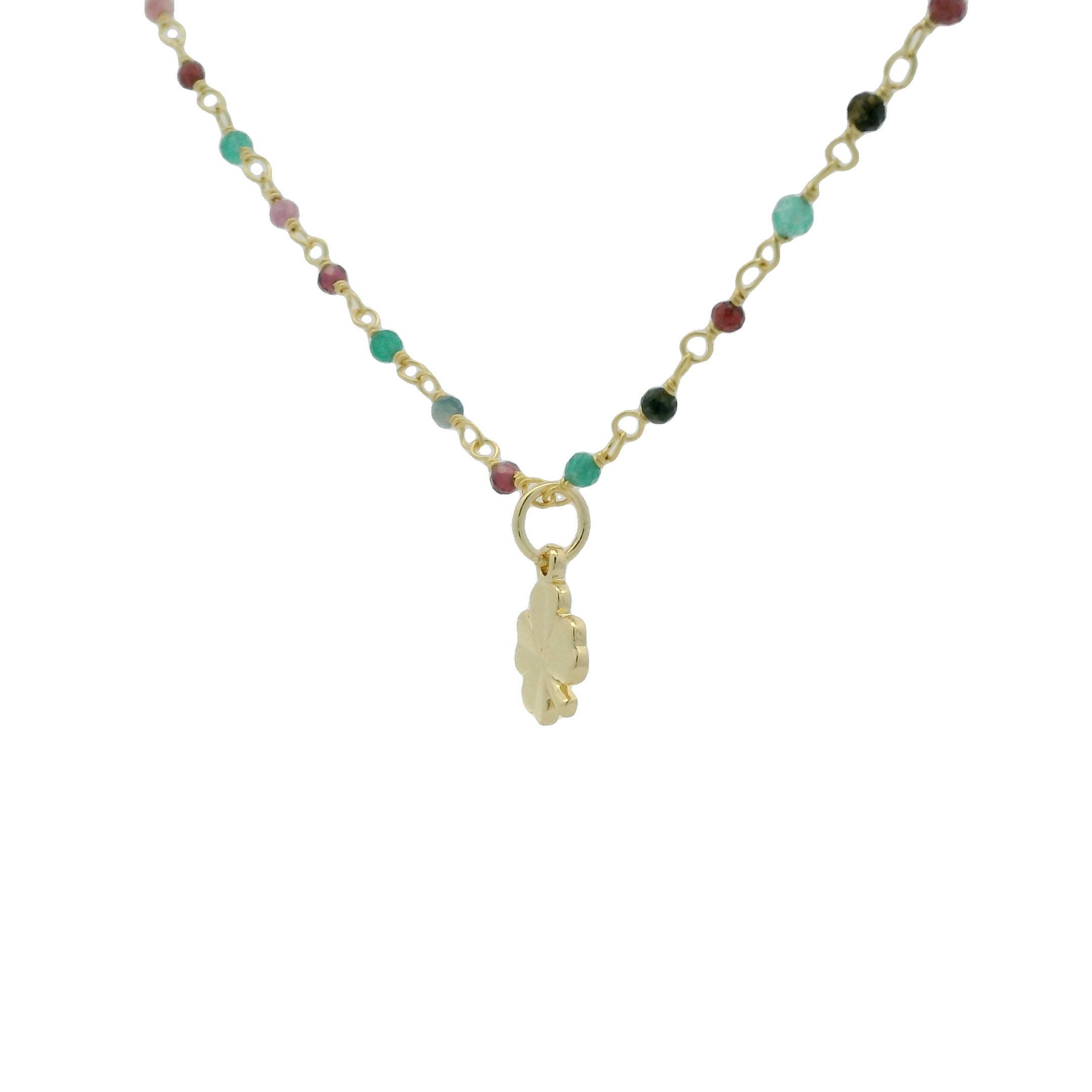 Collier doré rosary onyx verte grenat et trèfle 50 cm