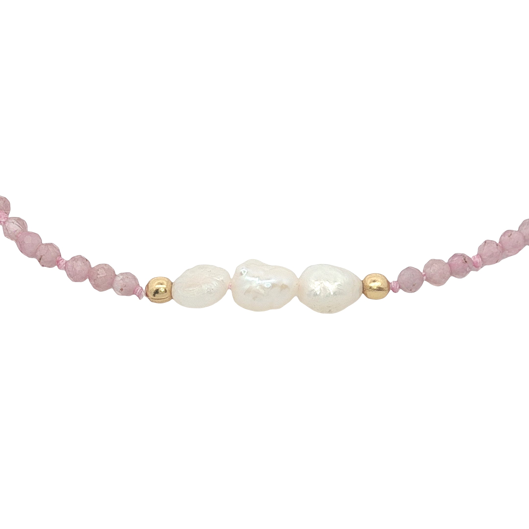 Chaine de cheville dorée en tourmaline rose, perles de culture et perles dorées