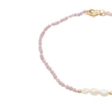 Chaine de cheville dorée en tourmaline rose, perles de culture et perles dorées