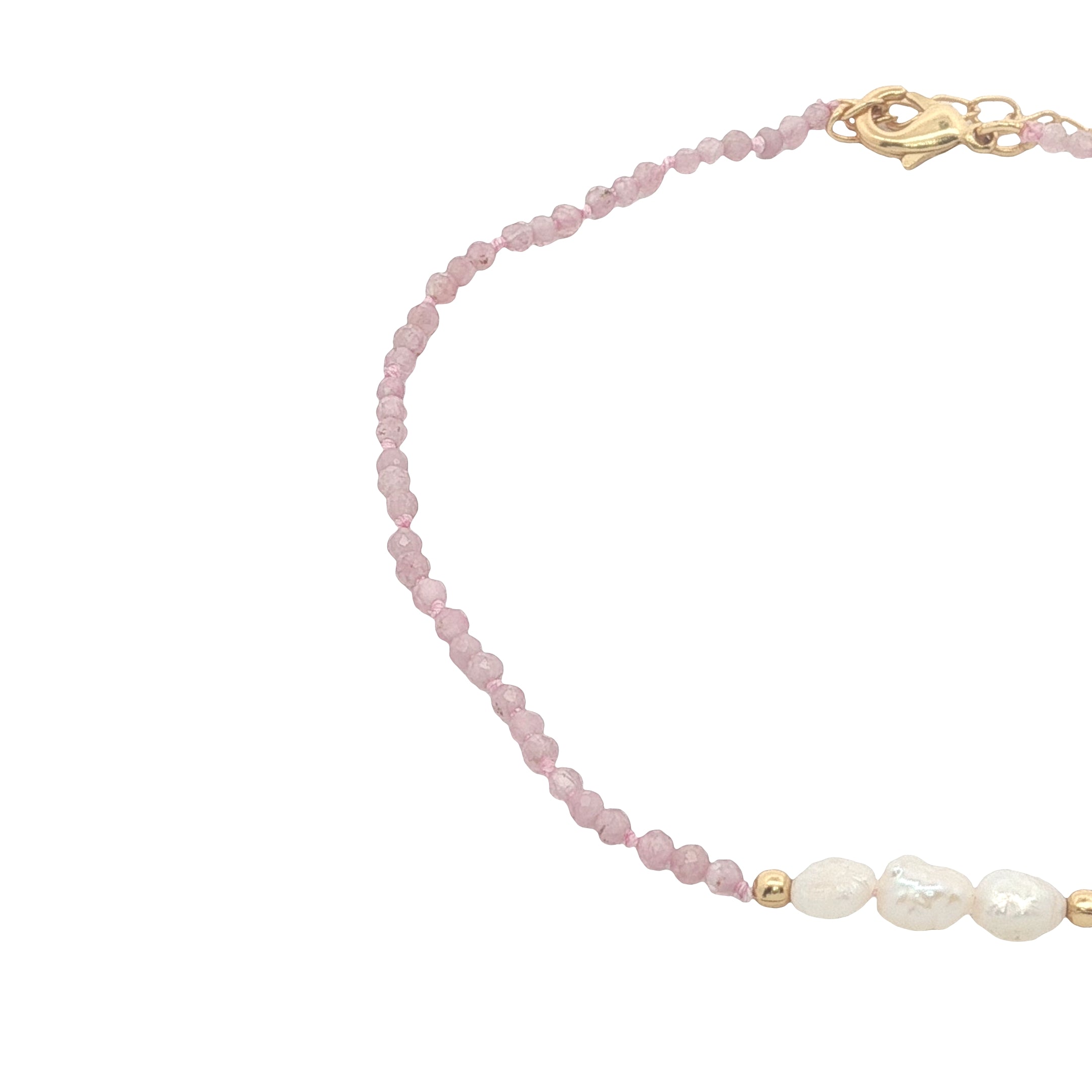 Chaine de cheville dorée en tourmaline rose, perles de culture et perles dorées