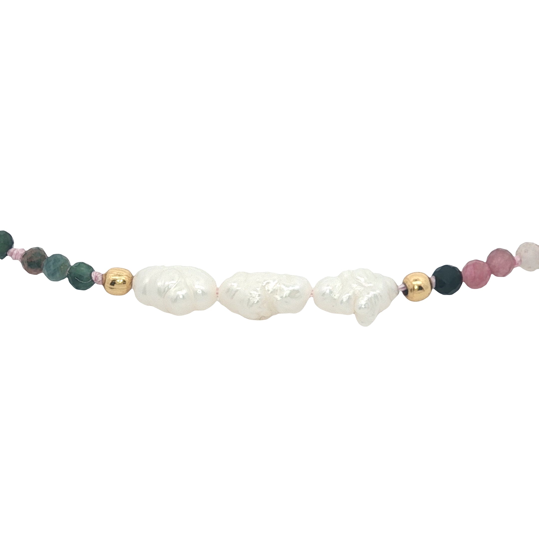 Chaine de cheville dorée en tourmaline, perles de culture et perles dorées