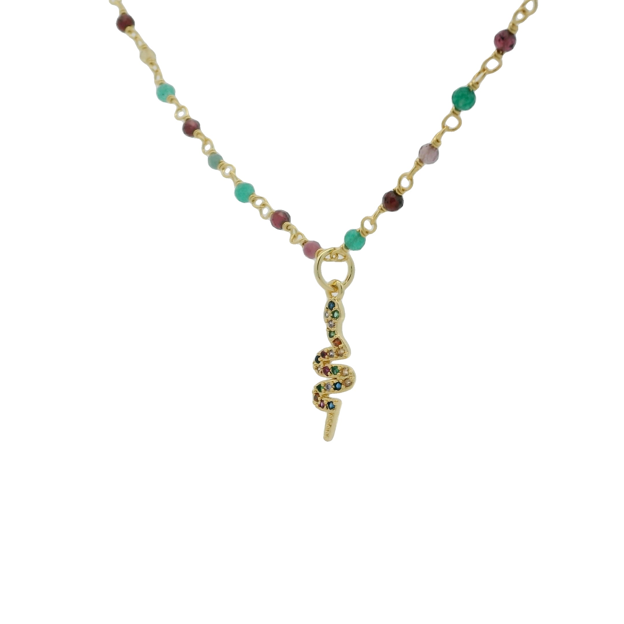 Collier doré rosary onyx verte tourmaline et serpent zircons colorés 42 cm