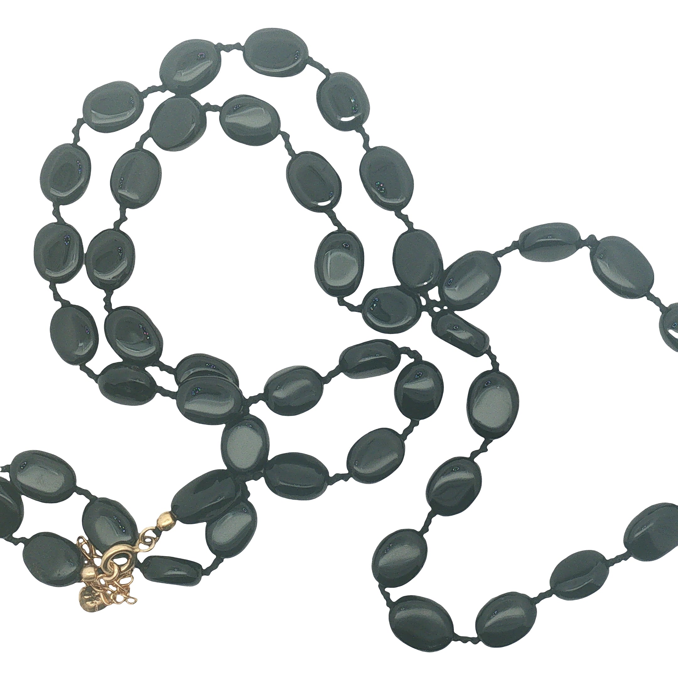 Collier doré perles ovales en onyx noire et noeuds noirs 75 cm