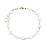 Chaine de cheville dorée petites et grandes perles de culture fil turquoise