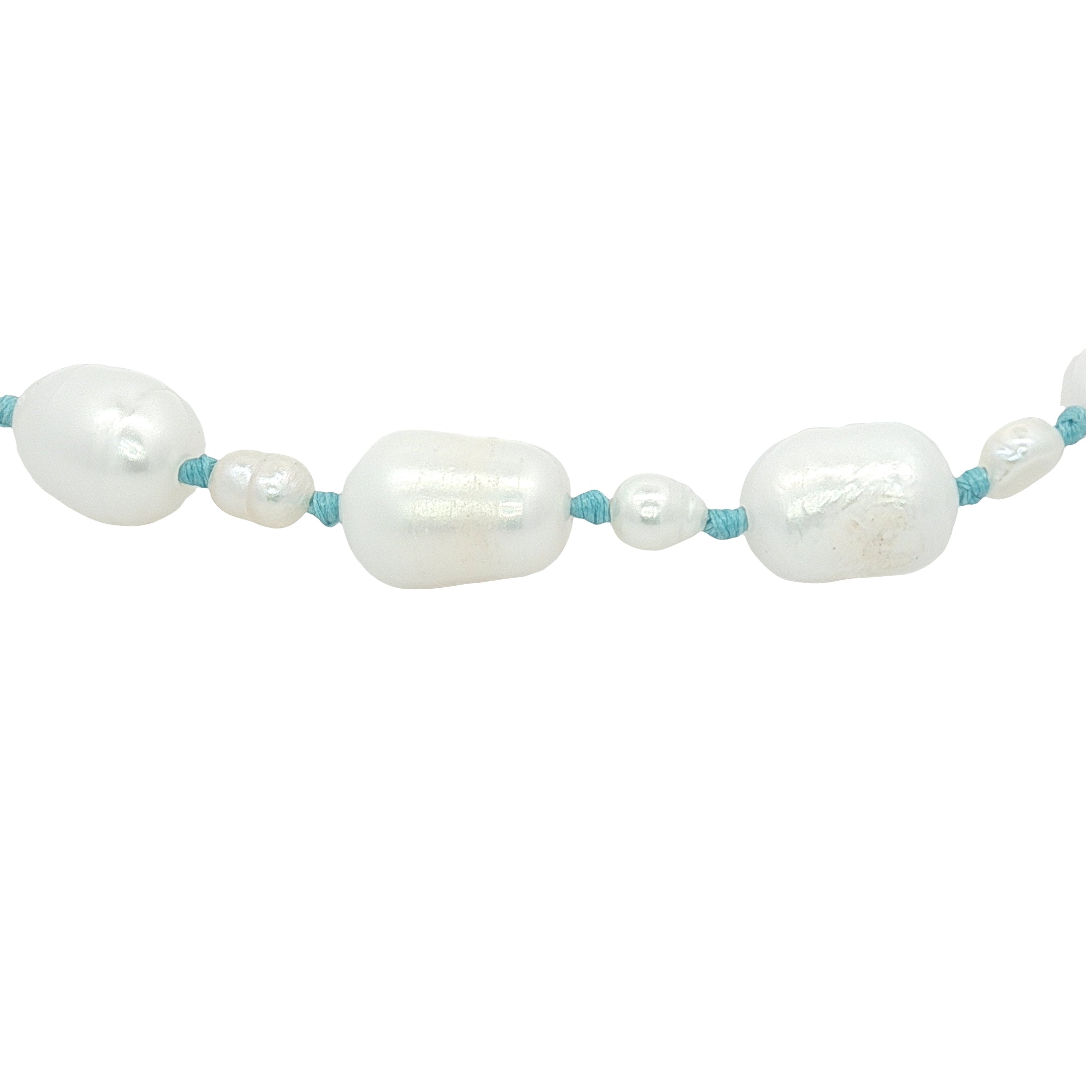 Chaine de cheville dorée petites et grandes perles de culture fil turquoise