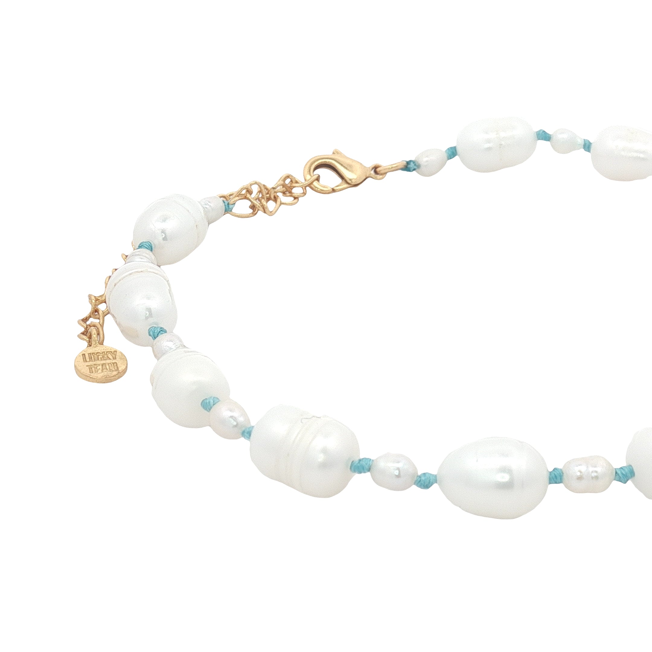 Chaine de cheville dorée petites et grandes perles de culture fil turquoise