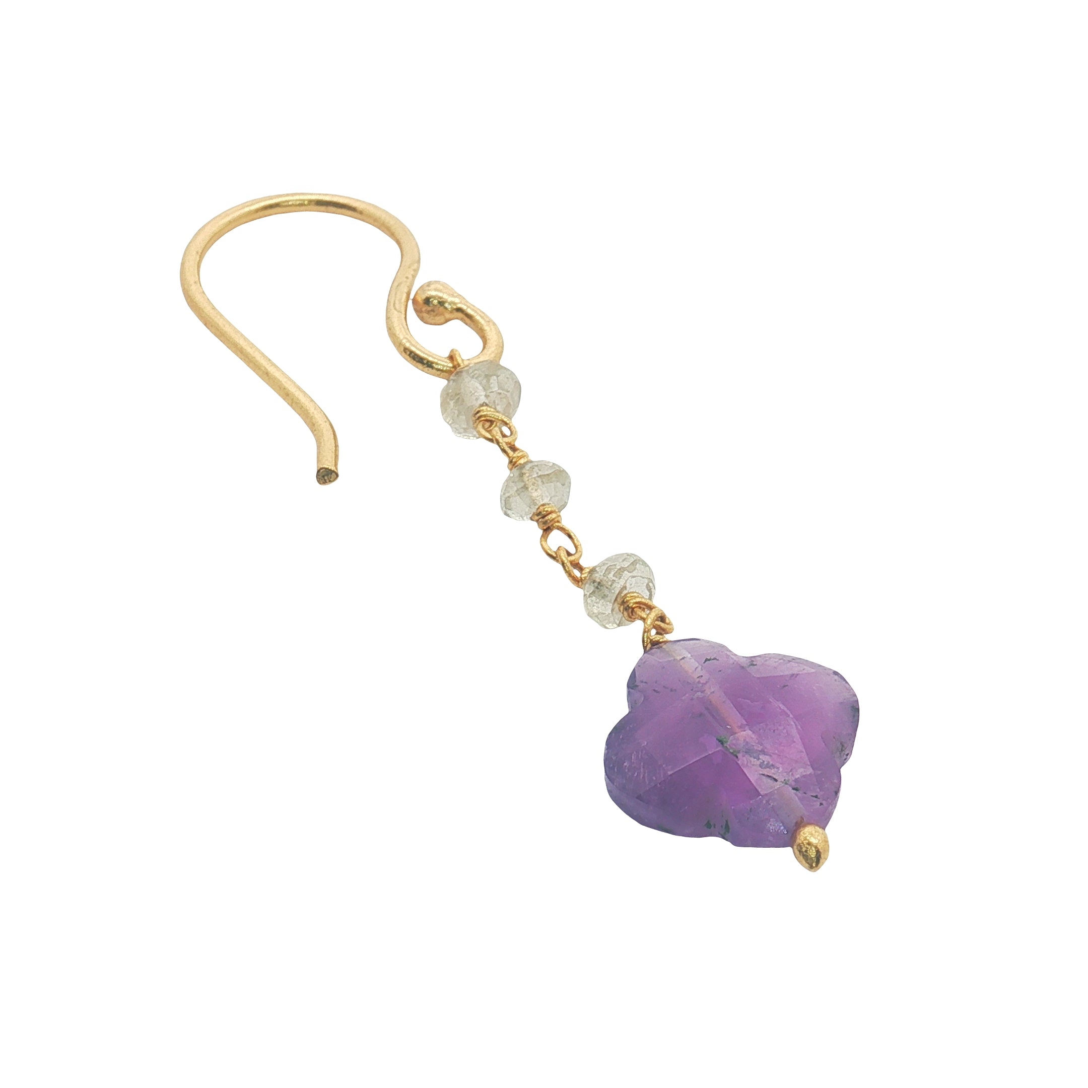 Boucles d'oreilles pendantes dorées quartz citron trèfle améthyste