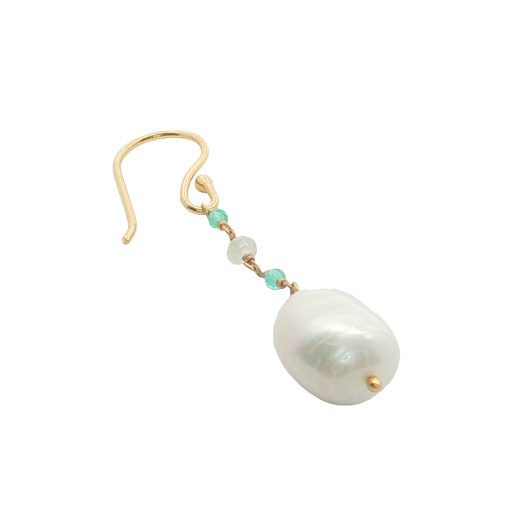 Boucles d'oreilles pendantes dorées perle de culture, onyx verte et prehnite