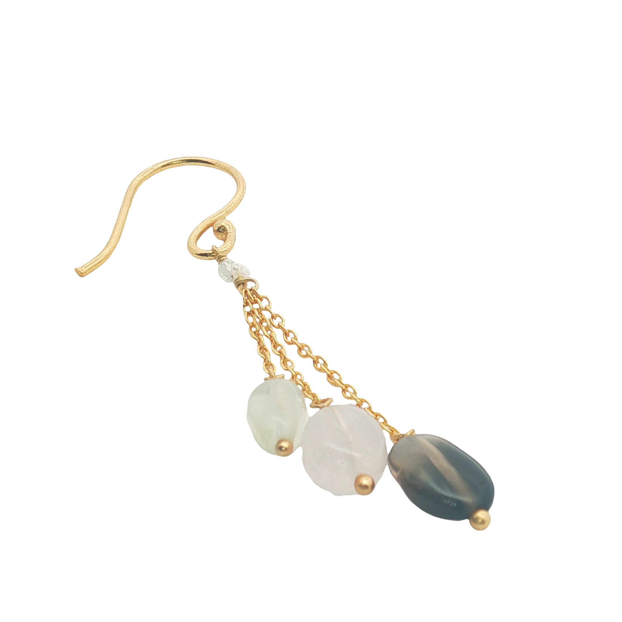 Boucles d'oreilles pendantes dorées 3 chainettes prehnite, quartz rose et quartz fumé