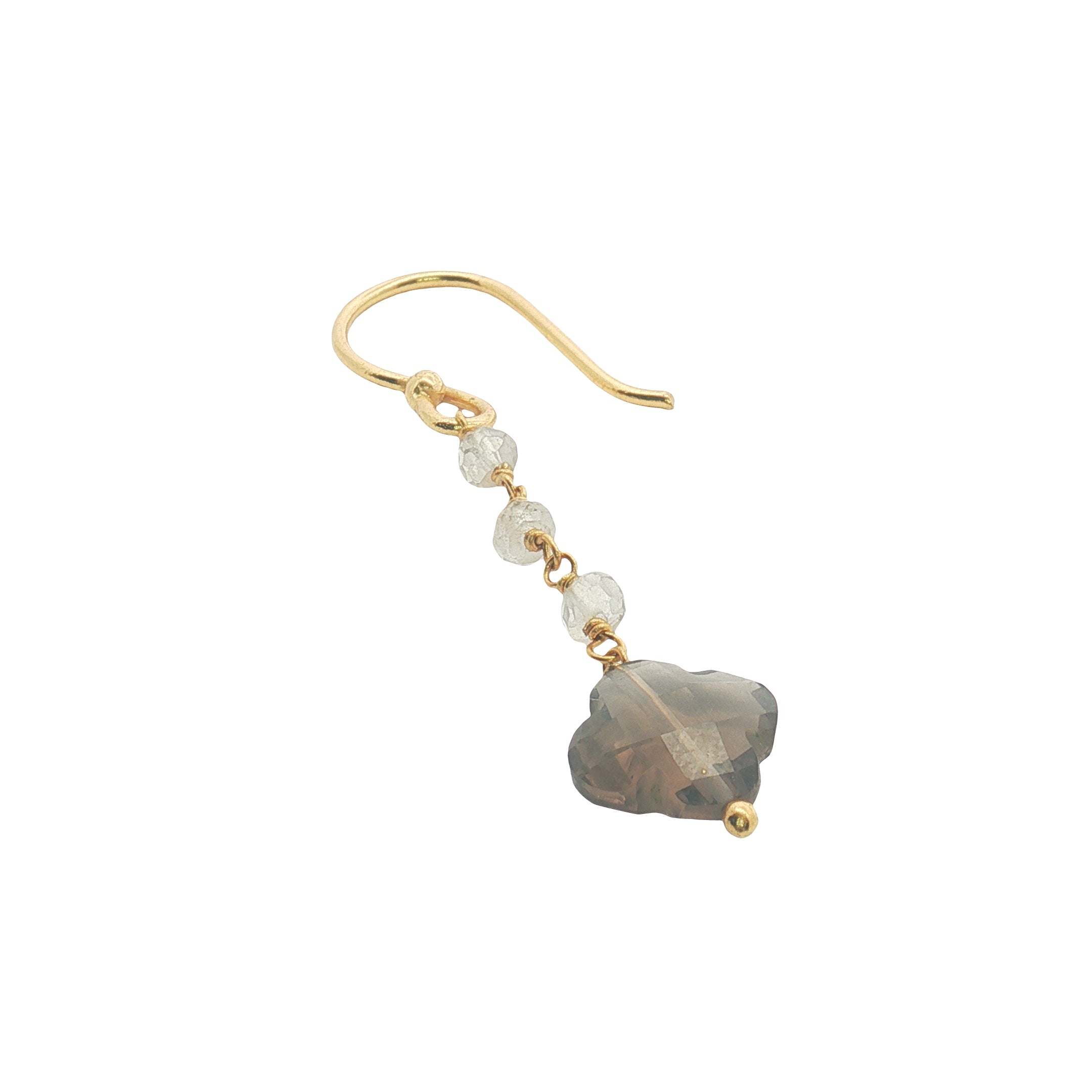 Boucles d'oreilles pendantes dorées quartz citron trèfle quartz fumé