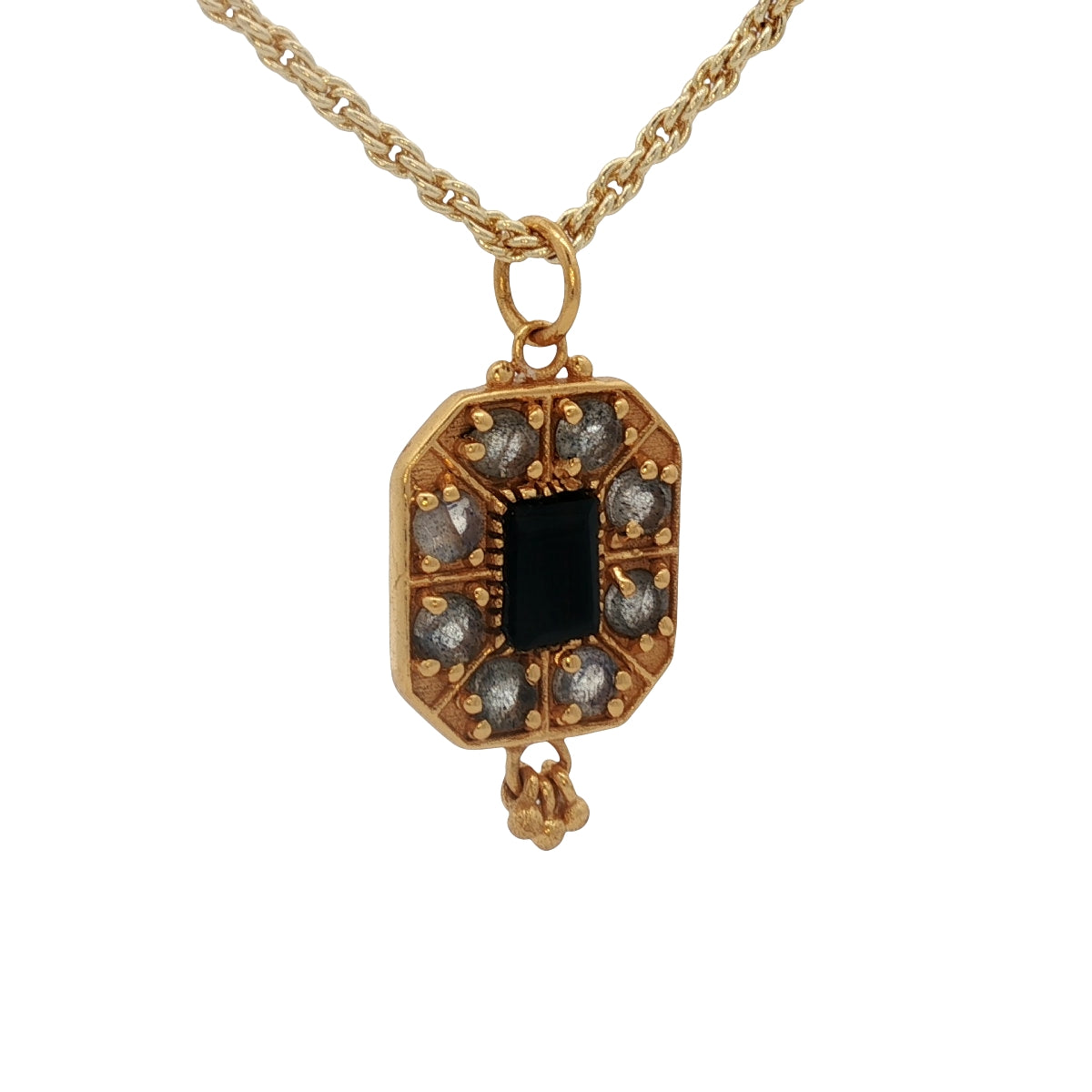 Collier doré médaille octogone avec onyx noire et labradorite 50 cm