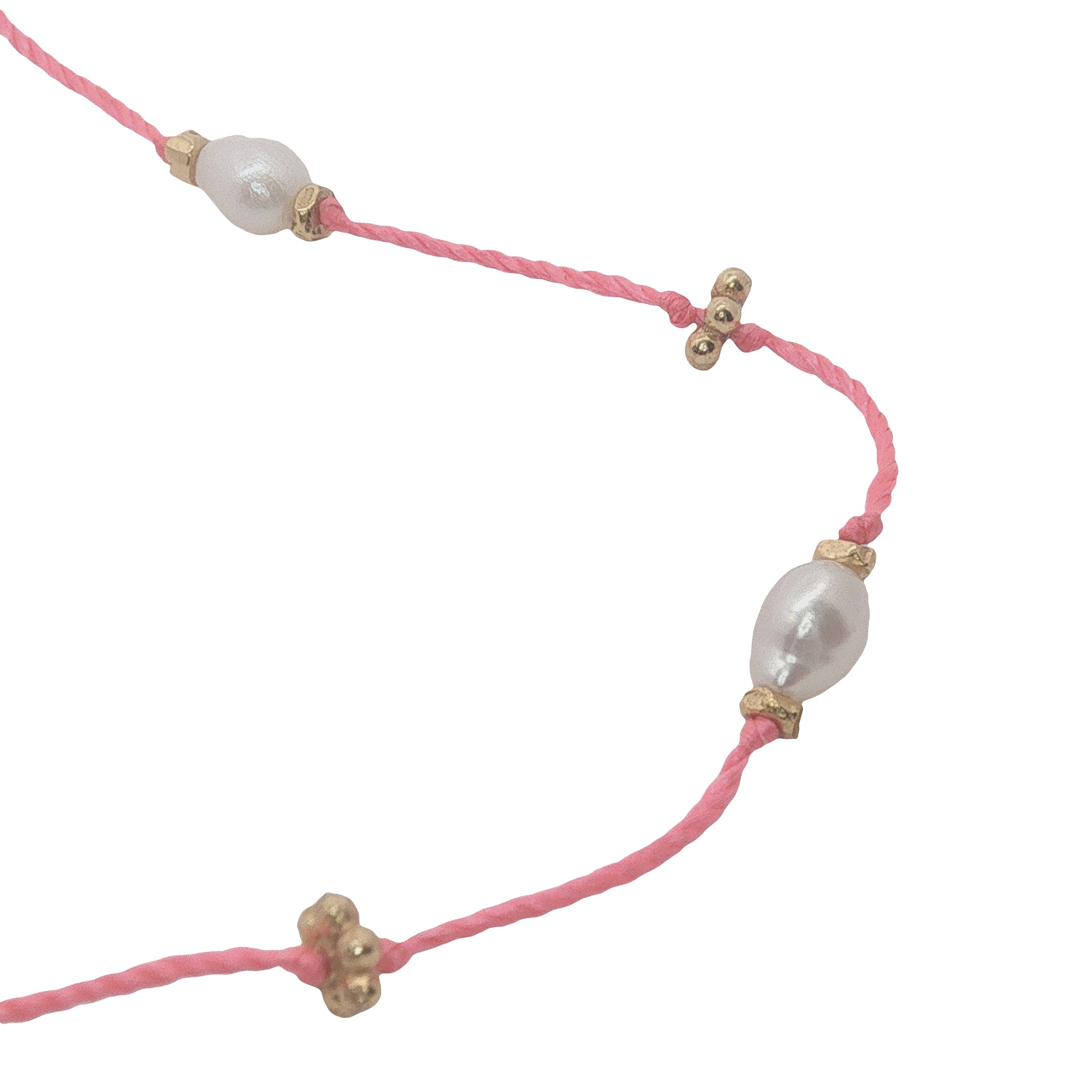 Collier doré fil rose fluo perles de culture et perles dorées 60 cm