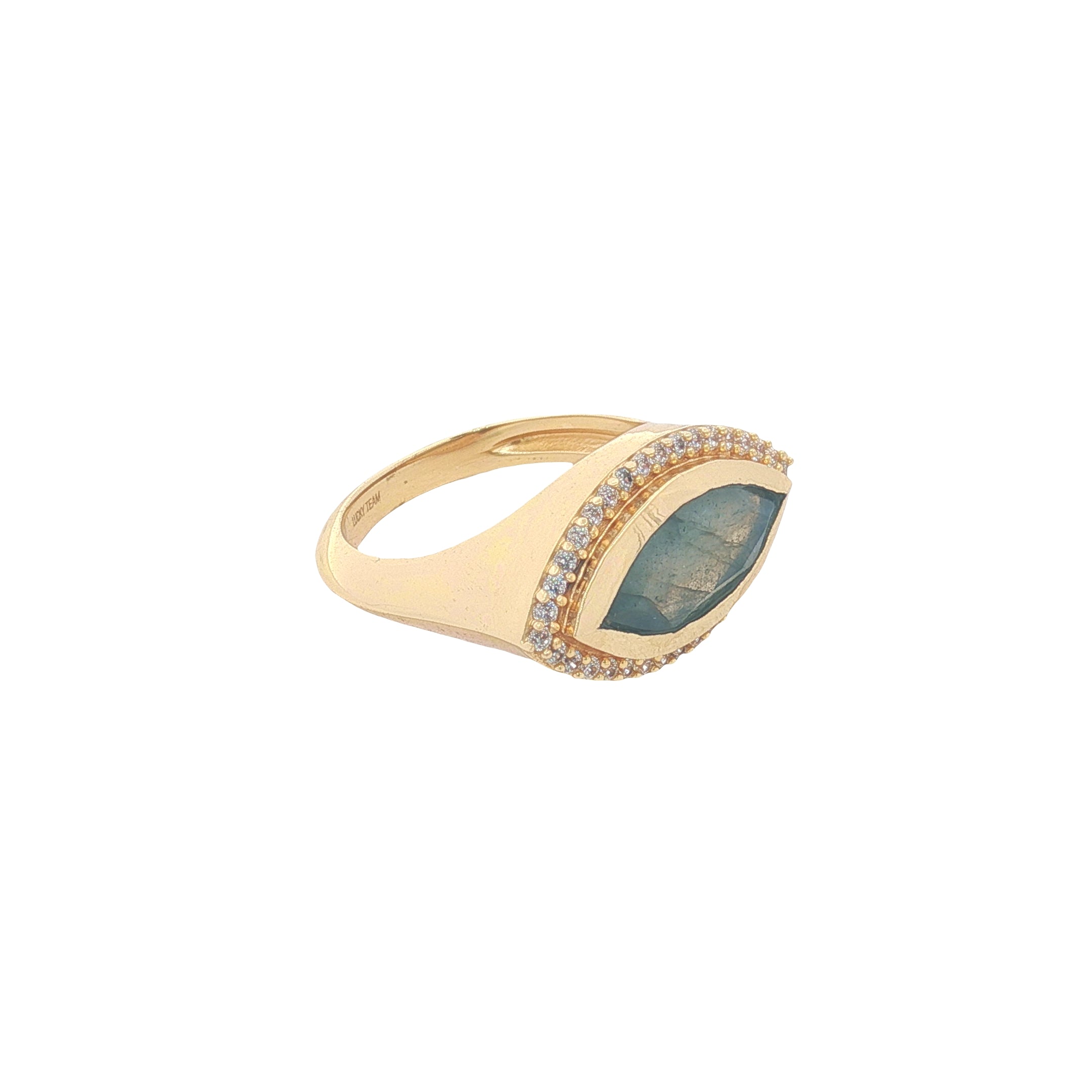 Bague chevalière dorée oeil en labradorite et zircons