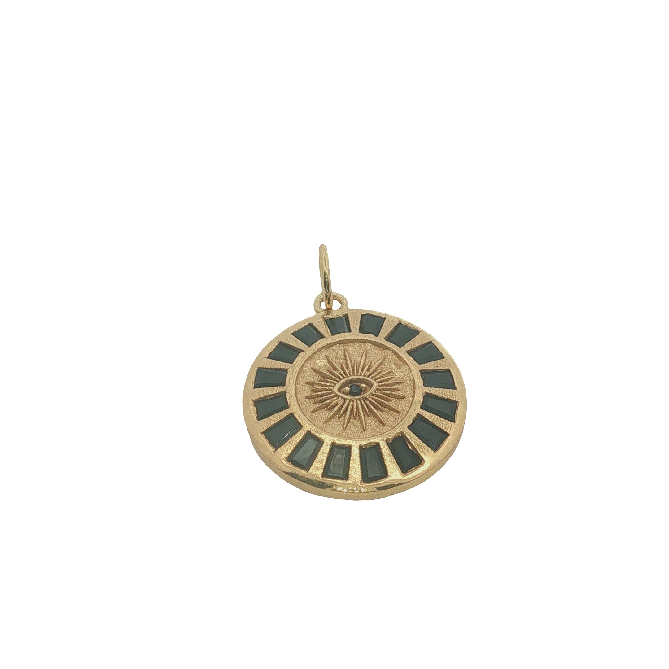 Charms doré médaille ronde zircons noirs baguette et oeil
