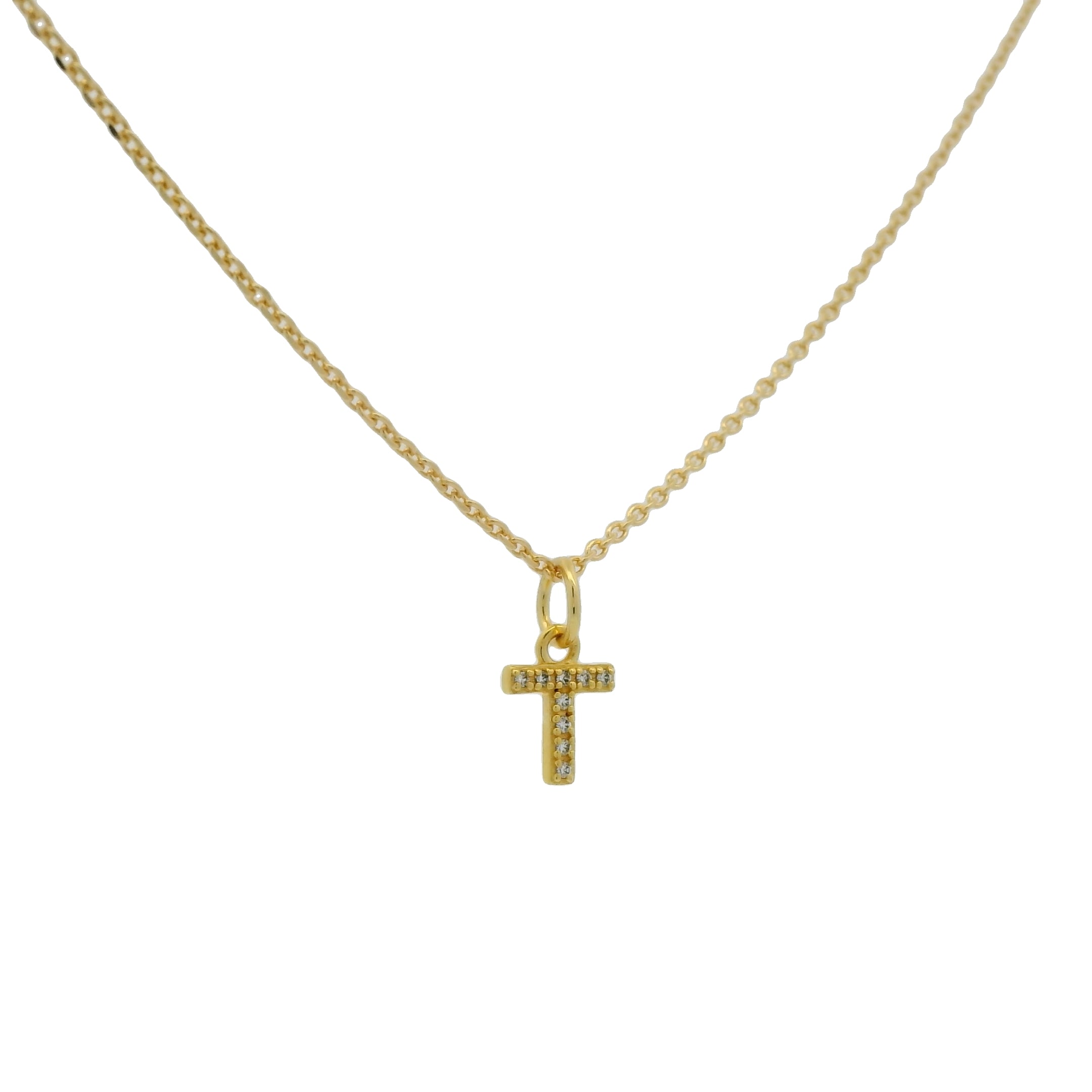 Collier doré petite lettre T zircons blancs 42 cm