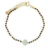 Bracelet doré petites pierres d'oeil de tigre et trèfle en préhnite
