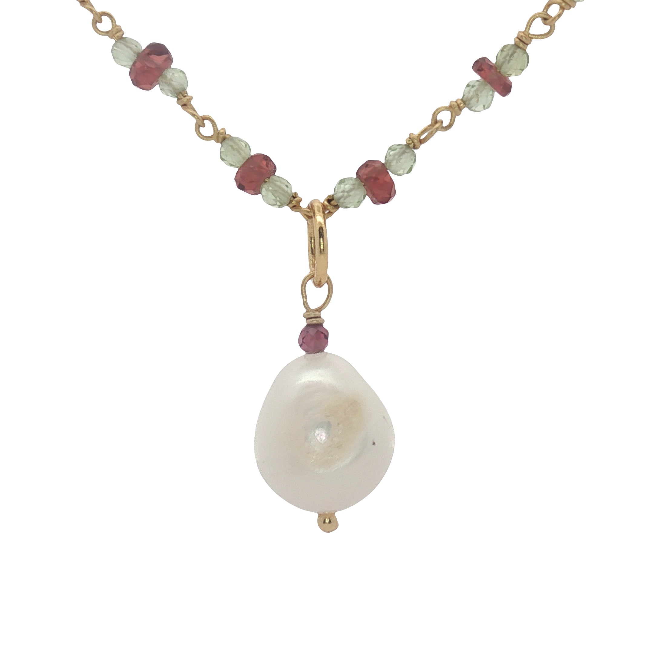 Collier doré en grenat et peridot perle de culture 50 cm