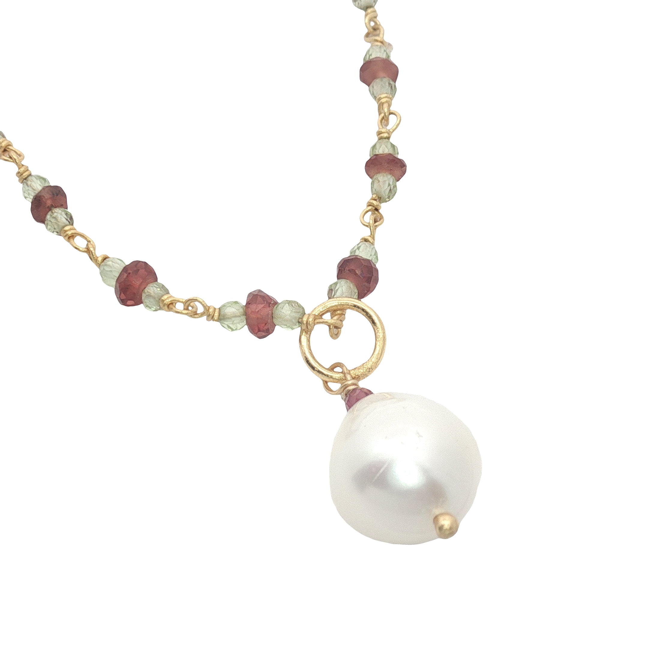 Collier doré en grenat et peridot perle de culture 50 cm