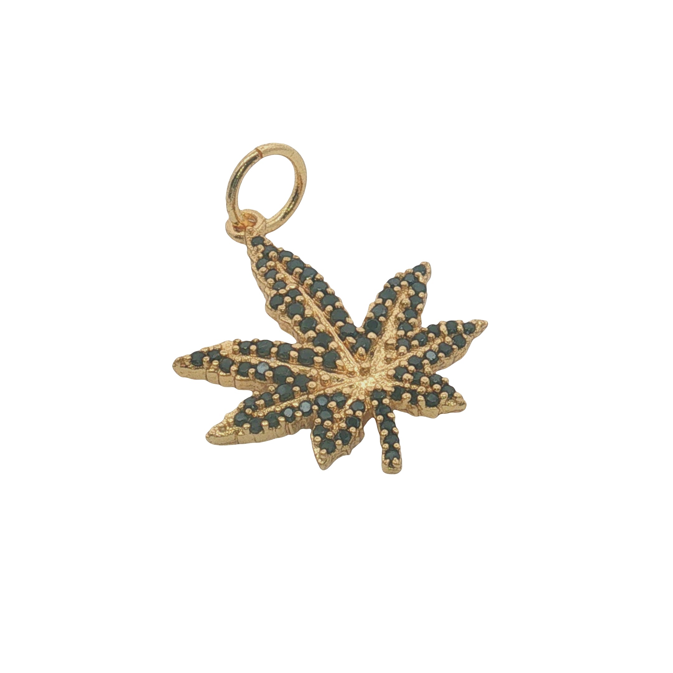 Charms doré feuille de chanvre et zircons noirs