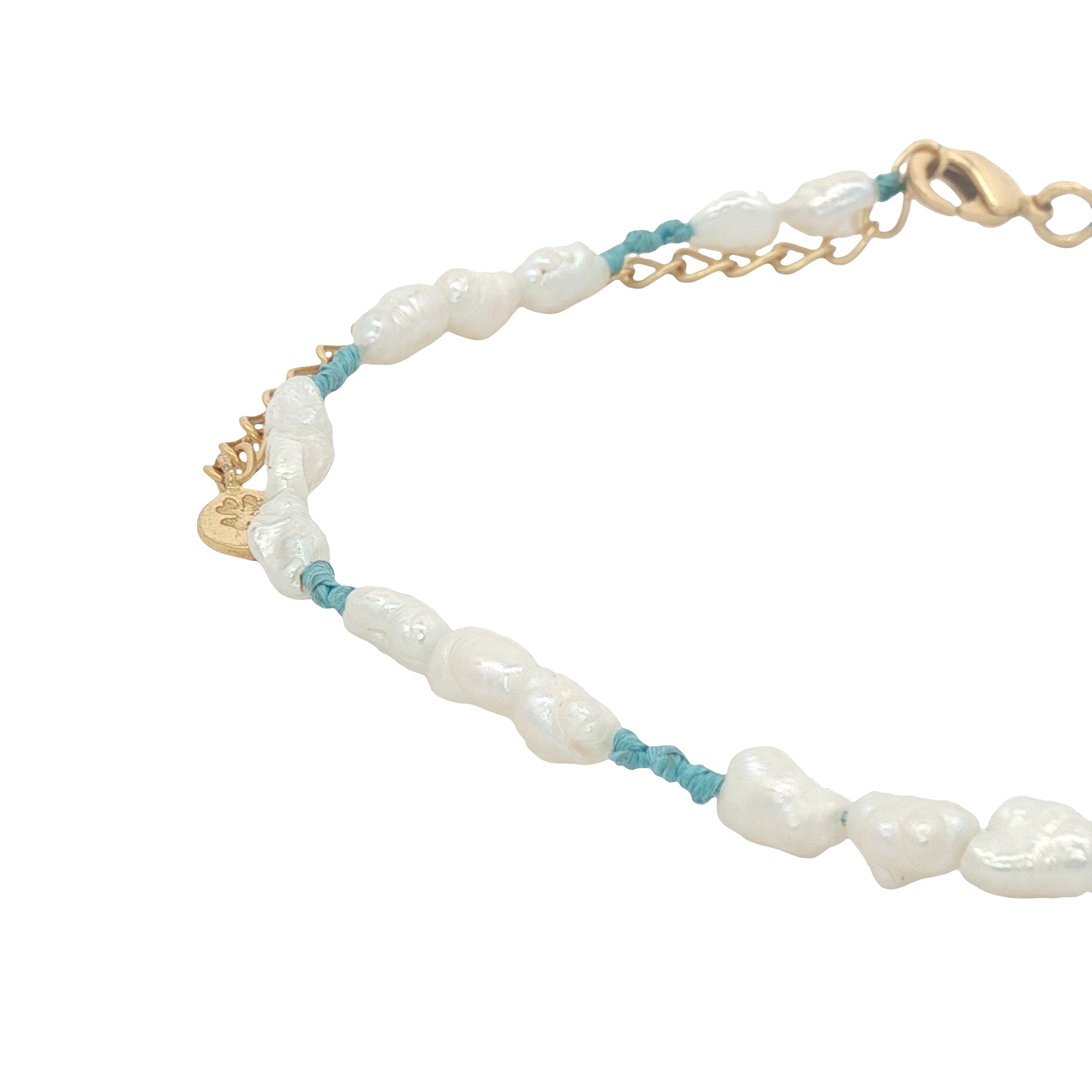 Chaine de cheville dorée alternance perles de culture et noeuds turquoise